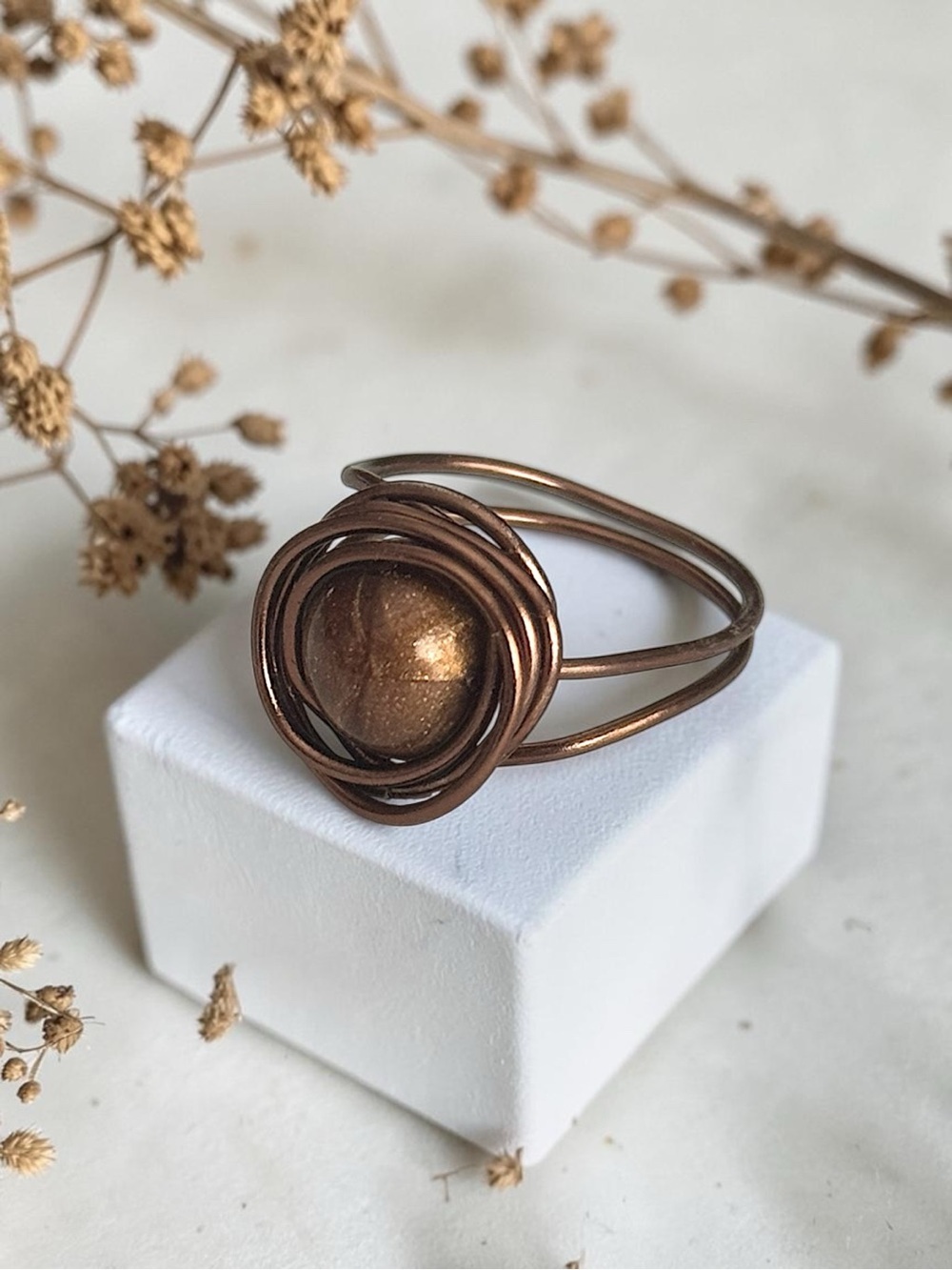 5 For $25💫Handcrafted Bronze Wire Nest Ring With a Brown Acrylic Bead Accent